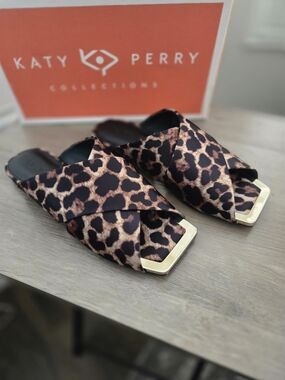 Katy Perry Collections Leopard Print Cross-Band Slides with Gold Accent